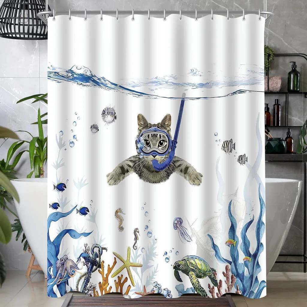 Tenda da doccia 240x180cm gatto nuoto antimuffa orlo tessile idrorepellente tenda da bagno in poliestere
