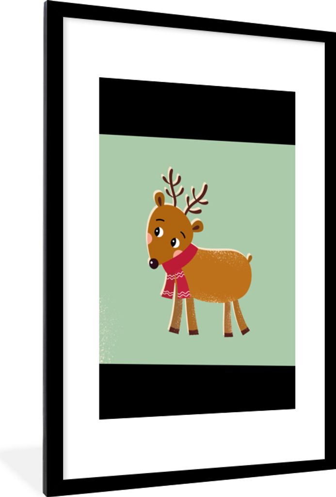 MuchoWow Gerahmtes Poster Rentier - Weihnachten - Winter - Grün 60x90 cm - Poster mit Schwarzem Bilderrahmen Wandposter Rahmen Foto Bilder - Dek...
