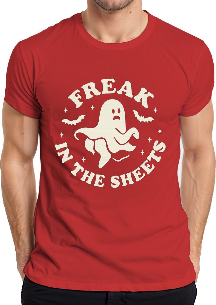 FREAK IN THE SHEETS Halloween Geist Lustig Spruch Retro Vintage Herren T-Shirt, Rot, S