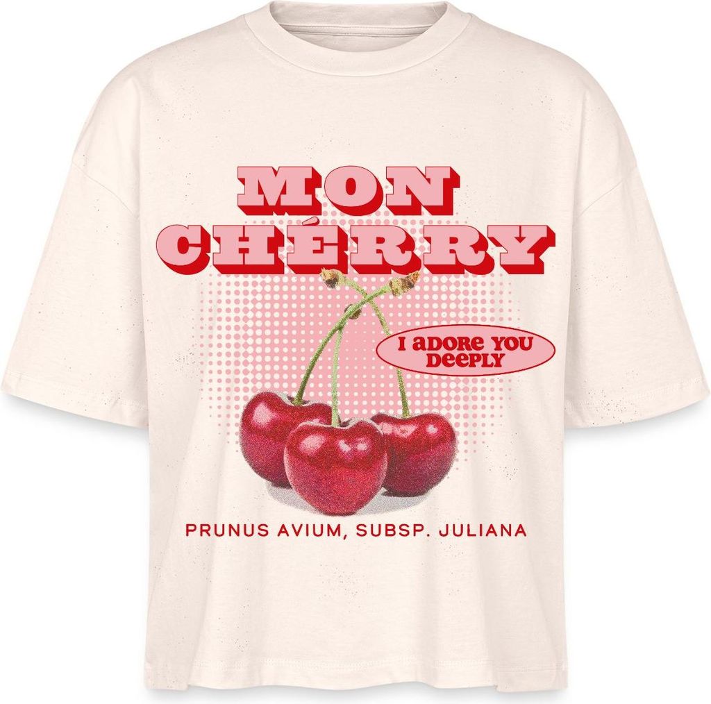 Spreadshirt Mon Cherry Love Vintage Fruit Design Boxy Shirt Damen, XS, Weißgrau