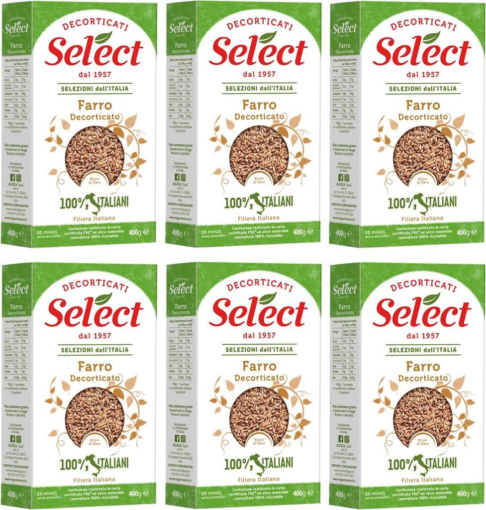 6x Select Farro Decorticato Geschälter Dinkel 100% Italienische Hülsenfrüchte Papier Verpackung von 400g