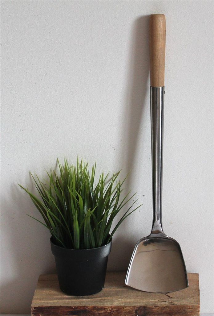 04 Wok Spahtel Wokwender flach Edelstahl Größe S - 43 cm lang, Kelle 10 x 9 cm, mit Holzgriff, genietet