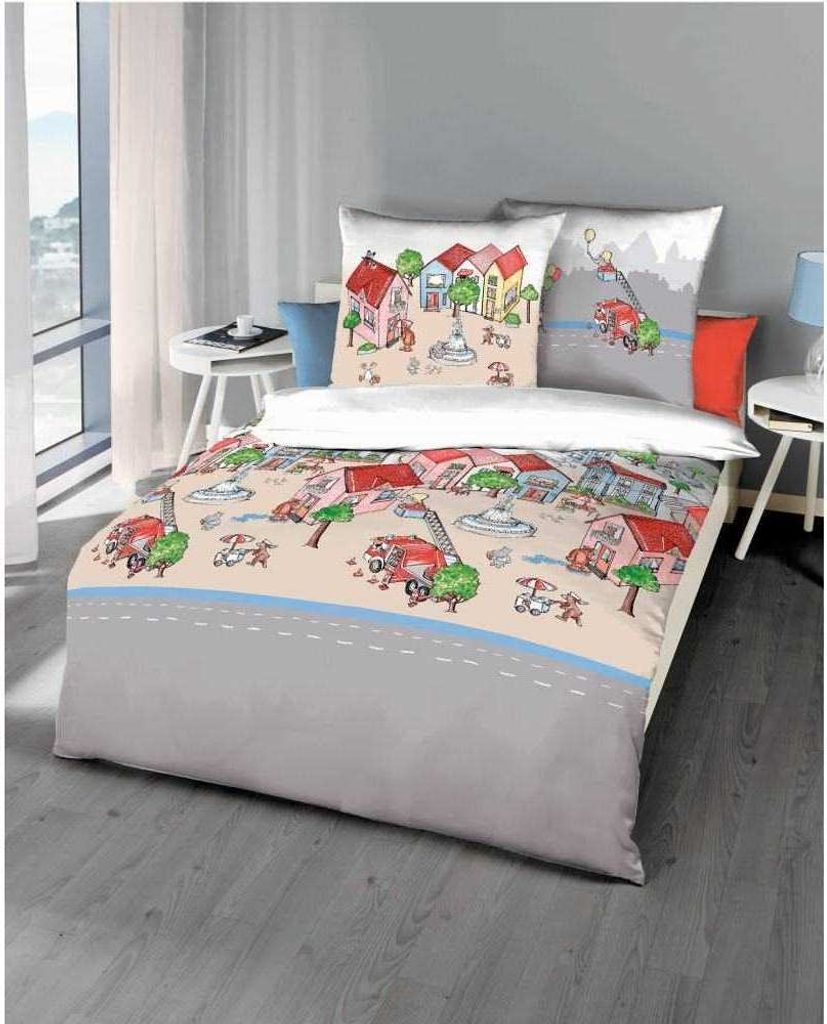 Kaeppel Biber Bettwäsche Stadtleben Kinder 100% Baumwolle Reißverschluss Bettbezug Kissenbezug Bettgarnitur Bettwäsche-Set 135x200 cm Rot