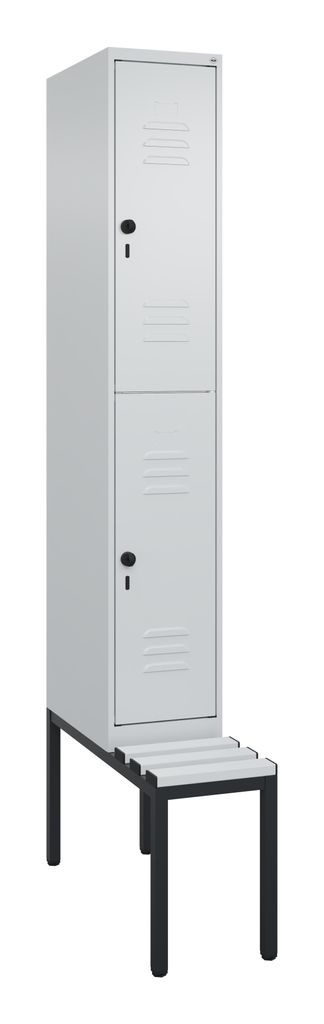 Fächerschrank, untergeb. Sitzbank, BxTxH 300x500x2120 mm, 1x2 Fächer, Abt.B 300 mm, doppelstöckig, Kunststoffleisten, Drehriegel, RAL 7035