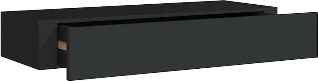 A black floating shelf with one drawer partially open, shown against a white background.