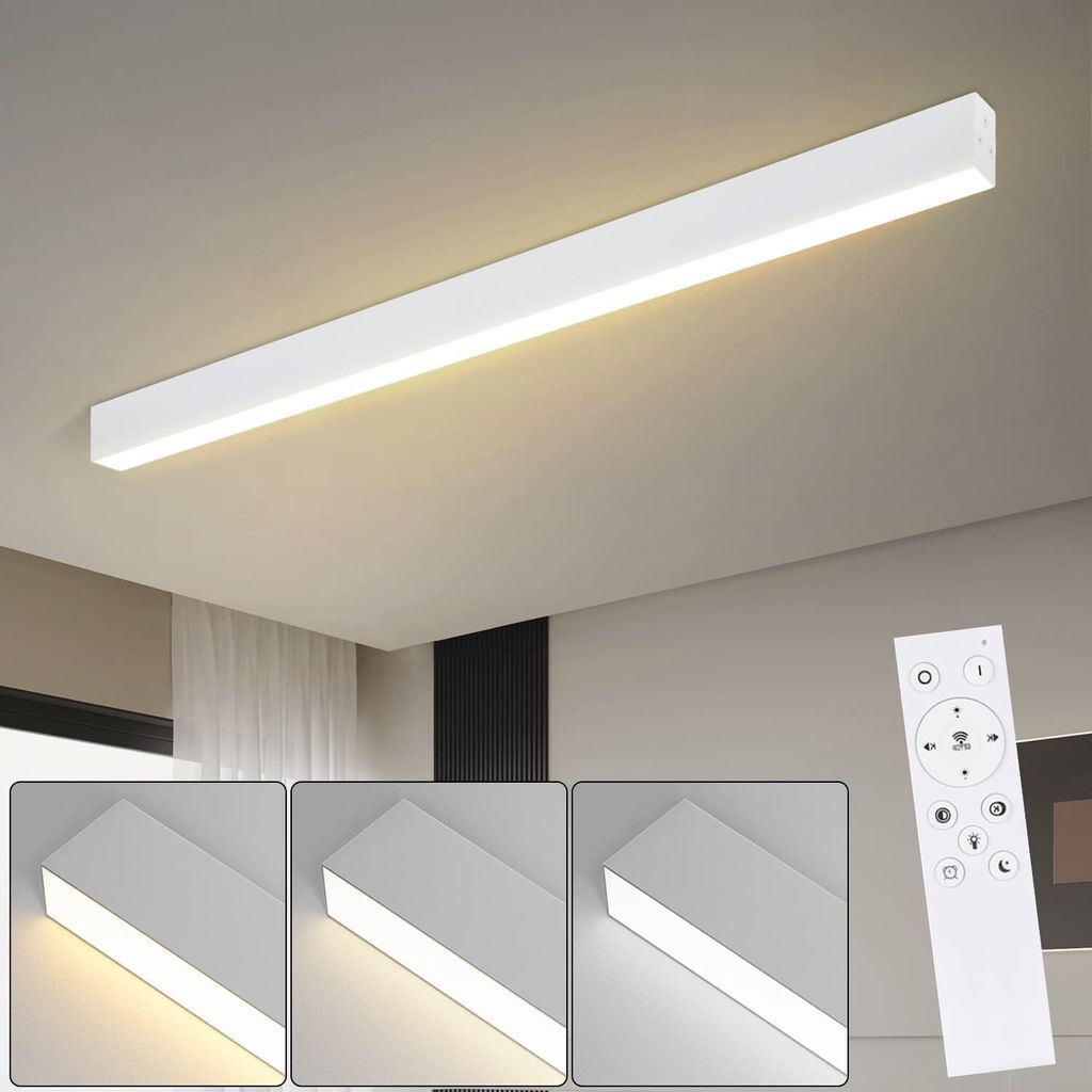 A long, white LED ceiling light fixture is shown mounted on a white ceiling. Below the main image, three smaller inset images show the light fixture at different color temperatures. A white remote control is also visible in the lower right corner.