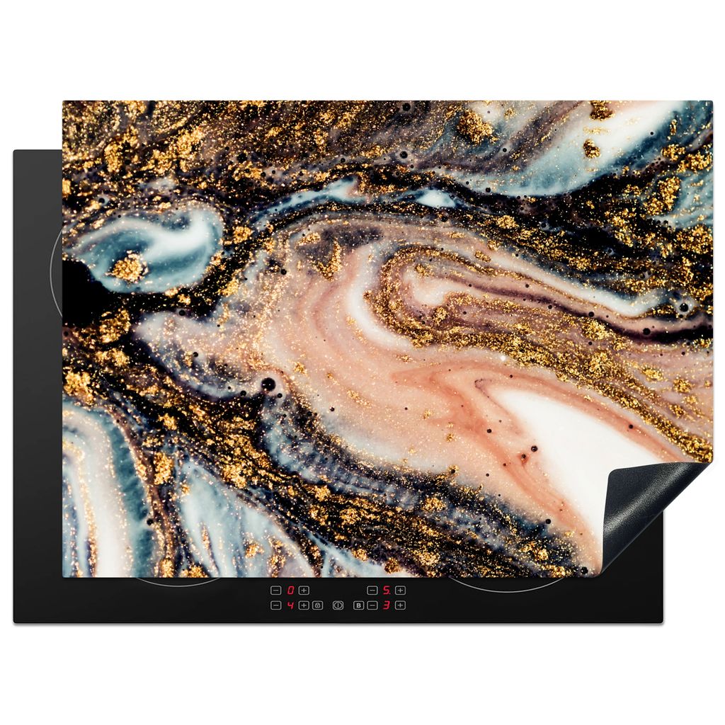 KitchenYeah Herdabdeckplatte Marmoroptik - Gold - Schwarz - Glitzer - Chic , 70x52cm, Küche Deko, Glaskeramikkochfeld Herdabdeckung, Abdeckplatt...