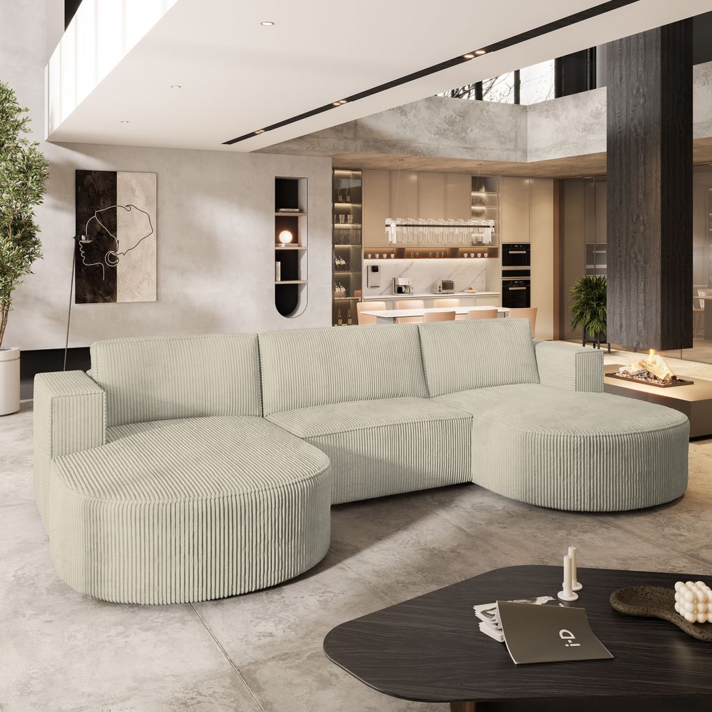Masseno Ecksofa VEZZO P mit Schlaffunktion U-Form, Sofa mit Bettkasten, Wohnzimmersofa, Couch, Soffa, Bettsofa, Couchgarnitur- Creme, POSO 100
