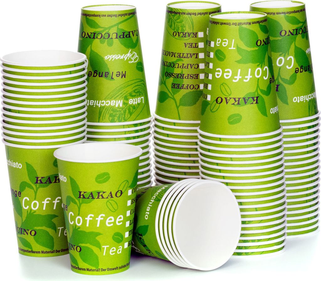 100x Trinkbecher,Grün, Coffee to go Pappbecher, Kaffeebecher mit 180 ml Füllvolumen
