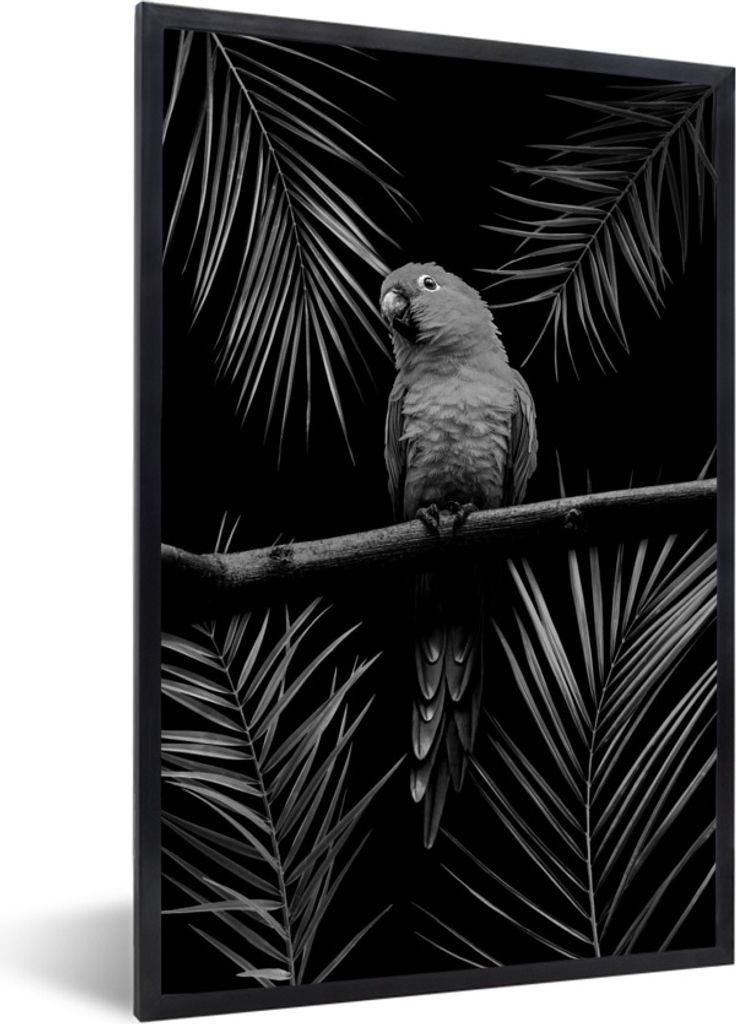 MuchoWow Gerahmtes Poster Vogel auf schwarzem Hintergrund mit Palmzweigen - schwarz und weiß 60x90 cm - Poster mit Schwarzem Bilderrahmen Wandpo...