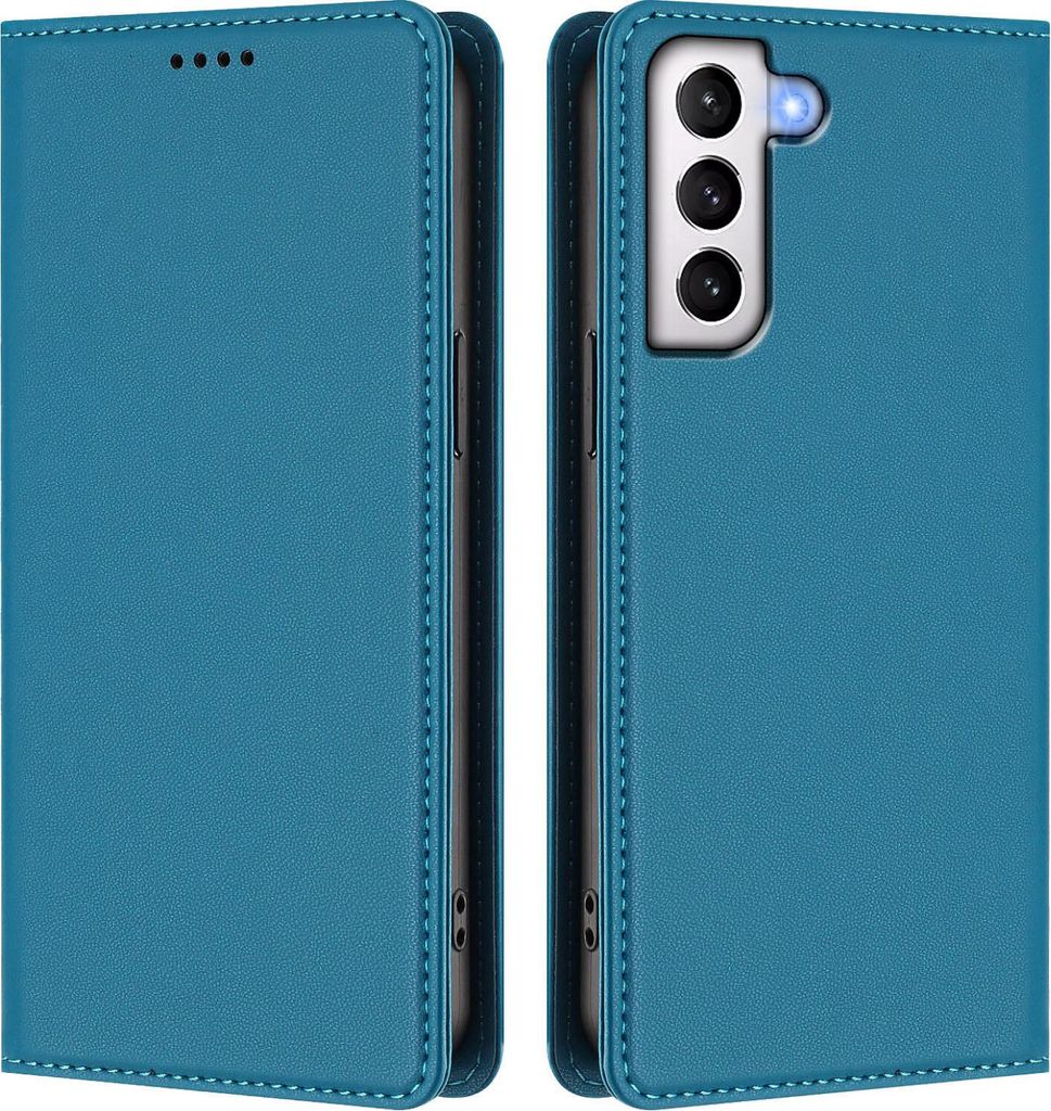 Handyhülle für Samsung Galaxy S21+ 5G, Kunstleder Klapphülle Stoßfeste Magnetische Hülle mit Ständer Blau