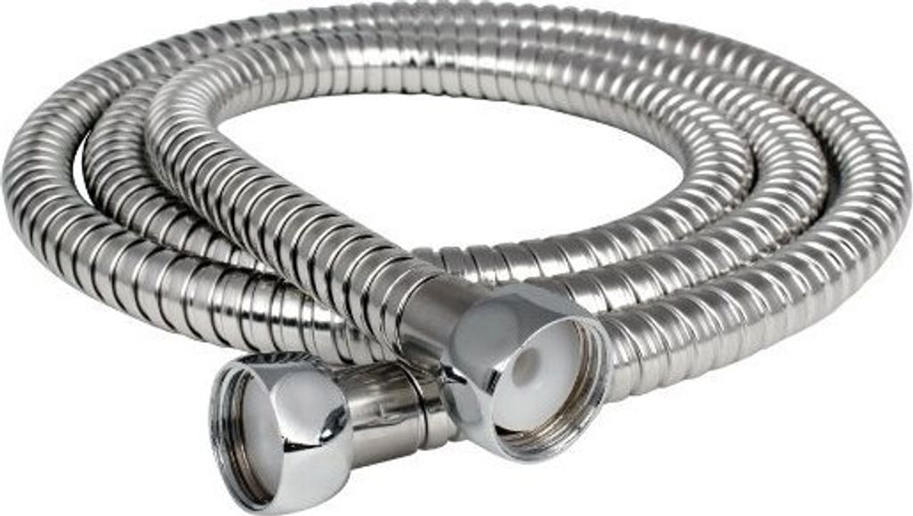 A coiled metal shower hose with chrome fittings on a white background.