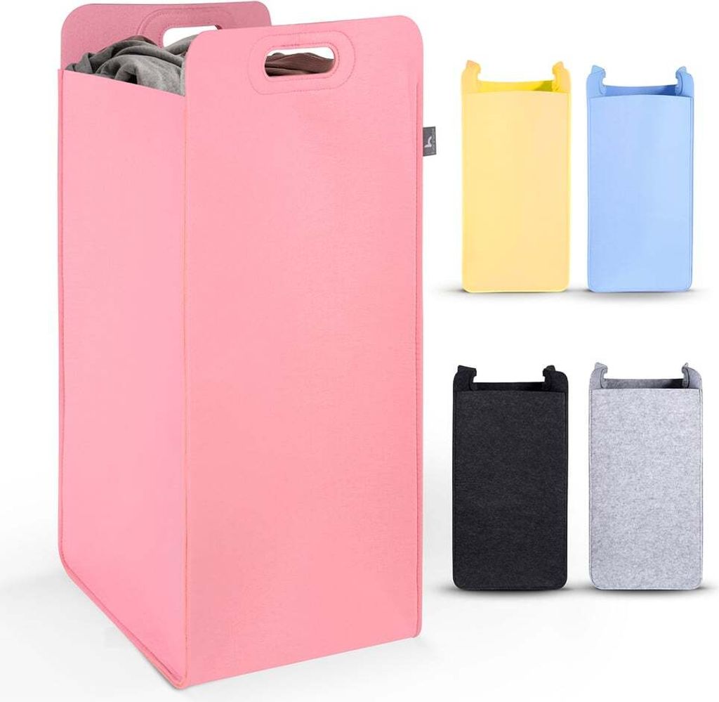 A pink laundry basket filled with clothes is shown on the left, with smaller examples of laundry baskets in yellow, light blue, black, and gray on the right.