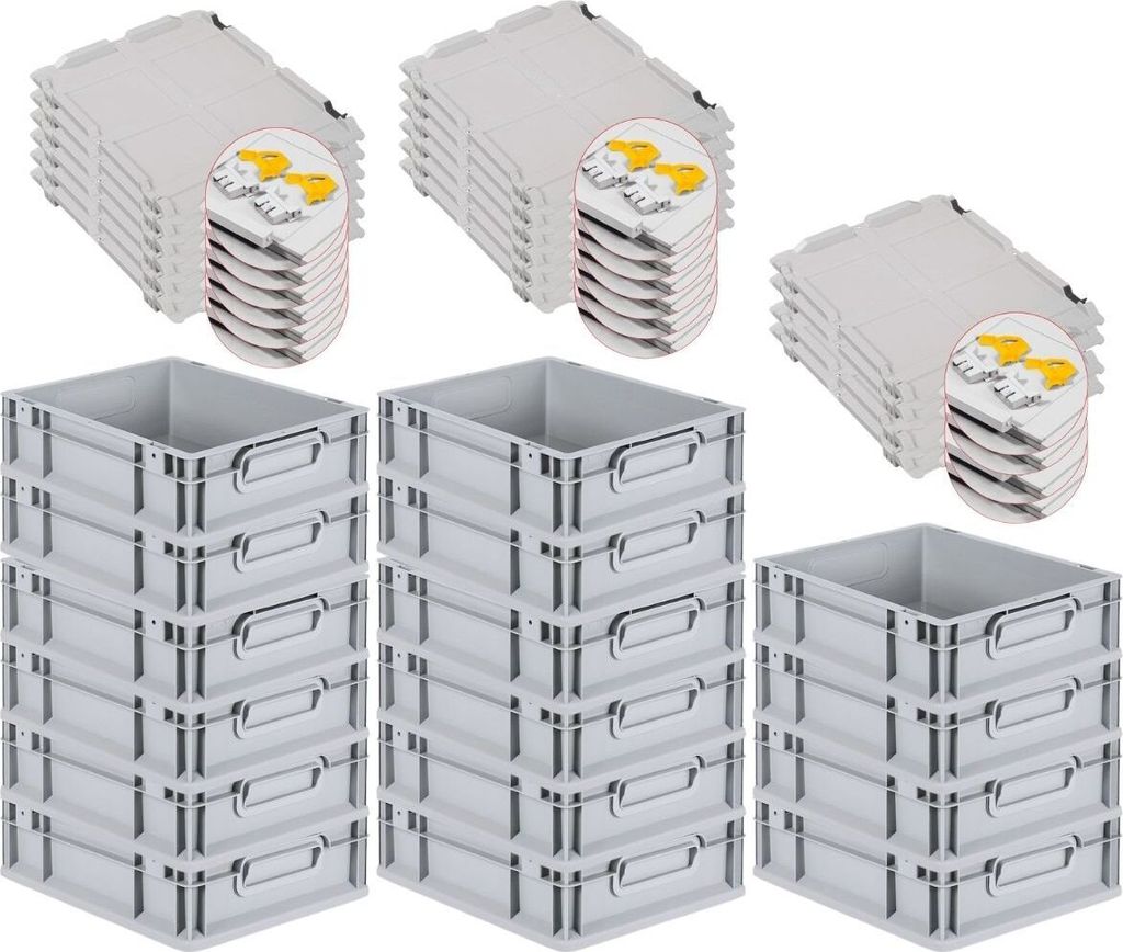 SuperSparSet 16x Eurobox NextGen Grip mit Scharnierdeckel und gelben Schiebeschnappverschlüssen | HxBxT 12x30x40cm | 11 Liter | Griffe geschlossen...