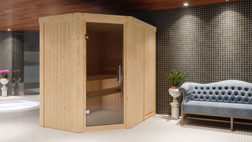 Karibu Sauna Innensauna Carin Eckeinstieg Ofen 9 KW externe Strg easy 196x151x198 cm ohne Dachkranz mit Graphittür
