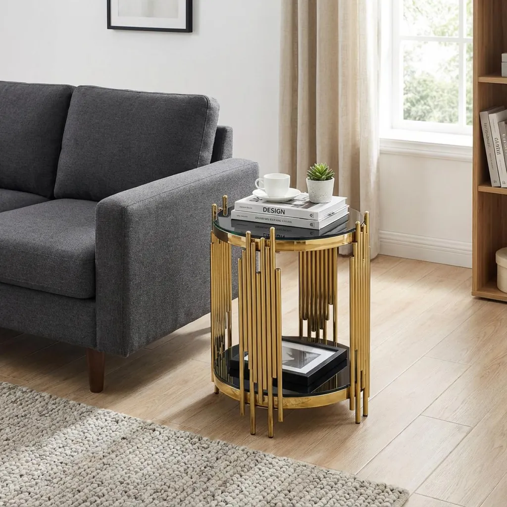 Petite table basse de luxe ronde verre noir et structure dorée chic - 13