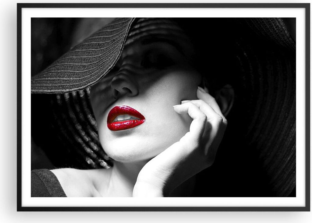 Gerahmtes Poster - Schwarzer Rahmen - Frau Gesicht Lippen - 100x70 cm - Wand Bild - Wanddeko - Wandbilder - Kunstposter - Wandposter - Bilderrahmen...