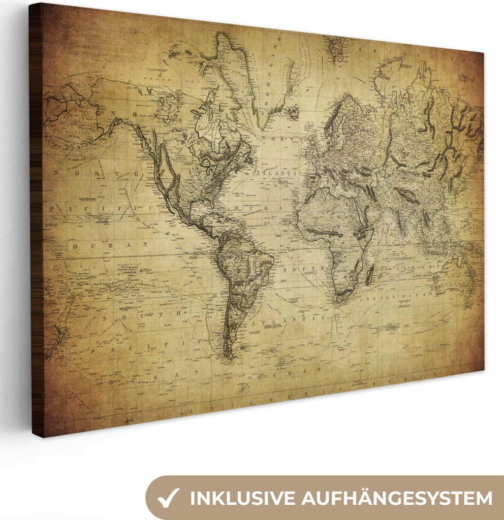 MuchoWow - Leinwandbilder - Weltkarte - Vintage - Antik - Braun - Papier, Wandbild, Wanddeko Bilder Wohnzimmer, 120x80 cm