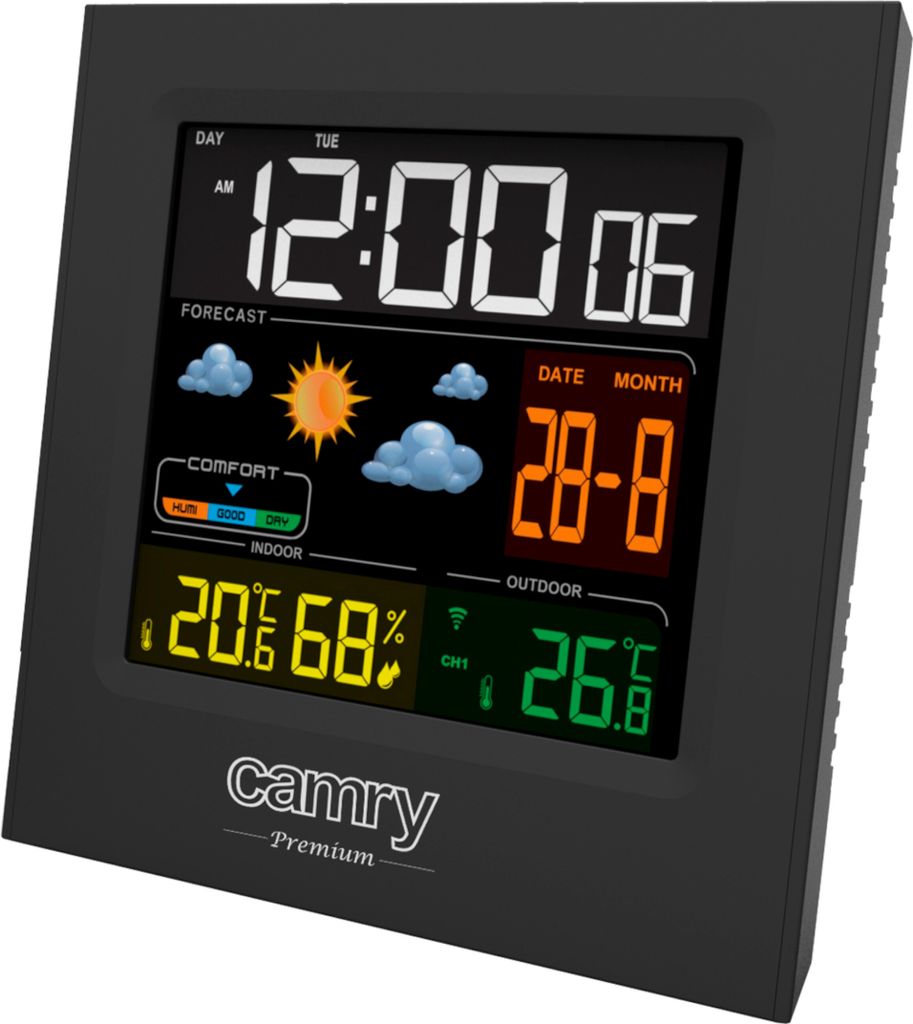 Camry CR1166 Wetterstation mit Wecker, Innen- und Produktbild 