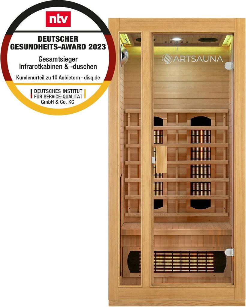 Artsauna Infrarotkabine Nyborg S90V - Infrarotsauna Vollspektrumstrahler, LED-Farblicht & große Glastür - Wärmekabine für 1 Person 90 x 90 cm
