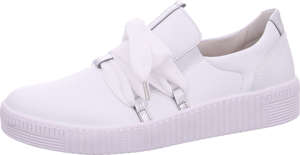 A white sneaker with a large white bow on the laces, shown from a side angle against a white background.