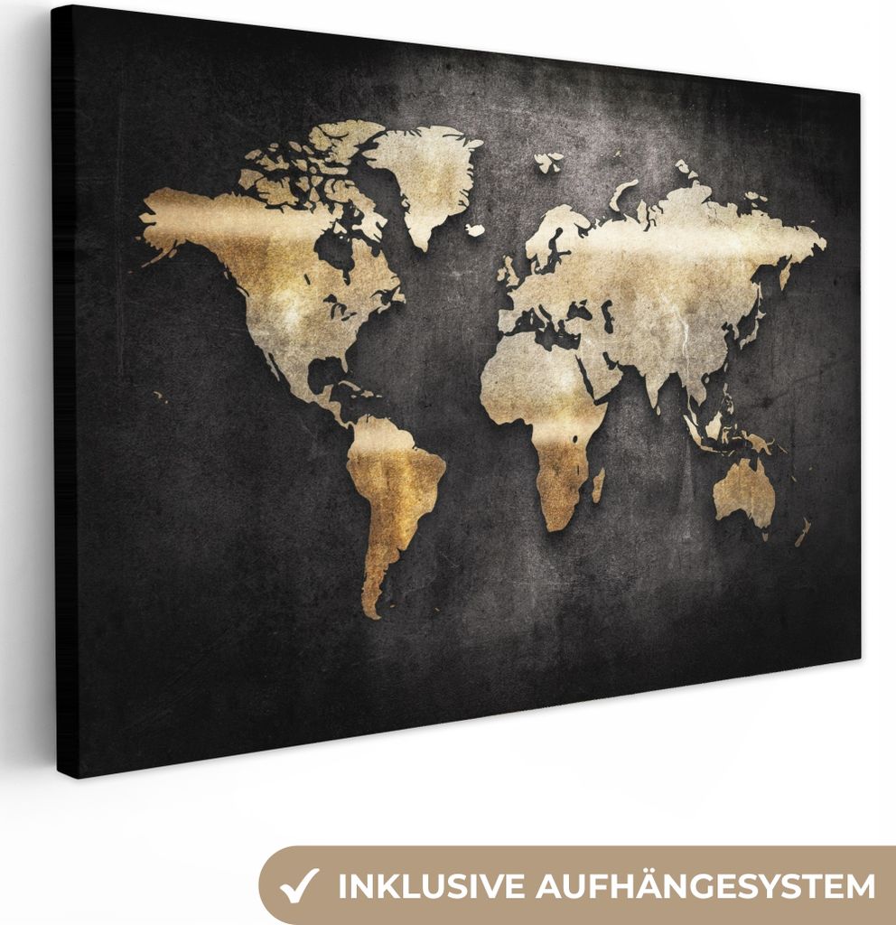 Wanddeko 60x40 cm - Weltkarte - Schwarz - Gold, Deko, Deko Wohnzimmer, Bilder, Wanddeko