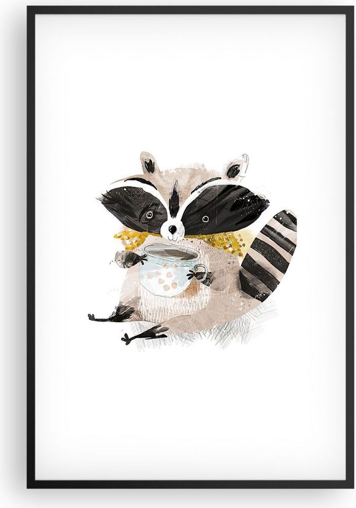 Gerahmtes Poster - Schwarzer Rahmen - Waschbär Tasse Kinder - 61x91,5 cm - Wand Bild - Wanddeko - Wandbilder - Kunstposter - Wandposter - Bilderra...