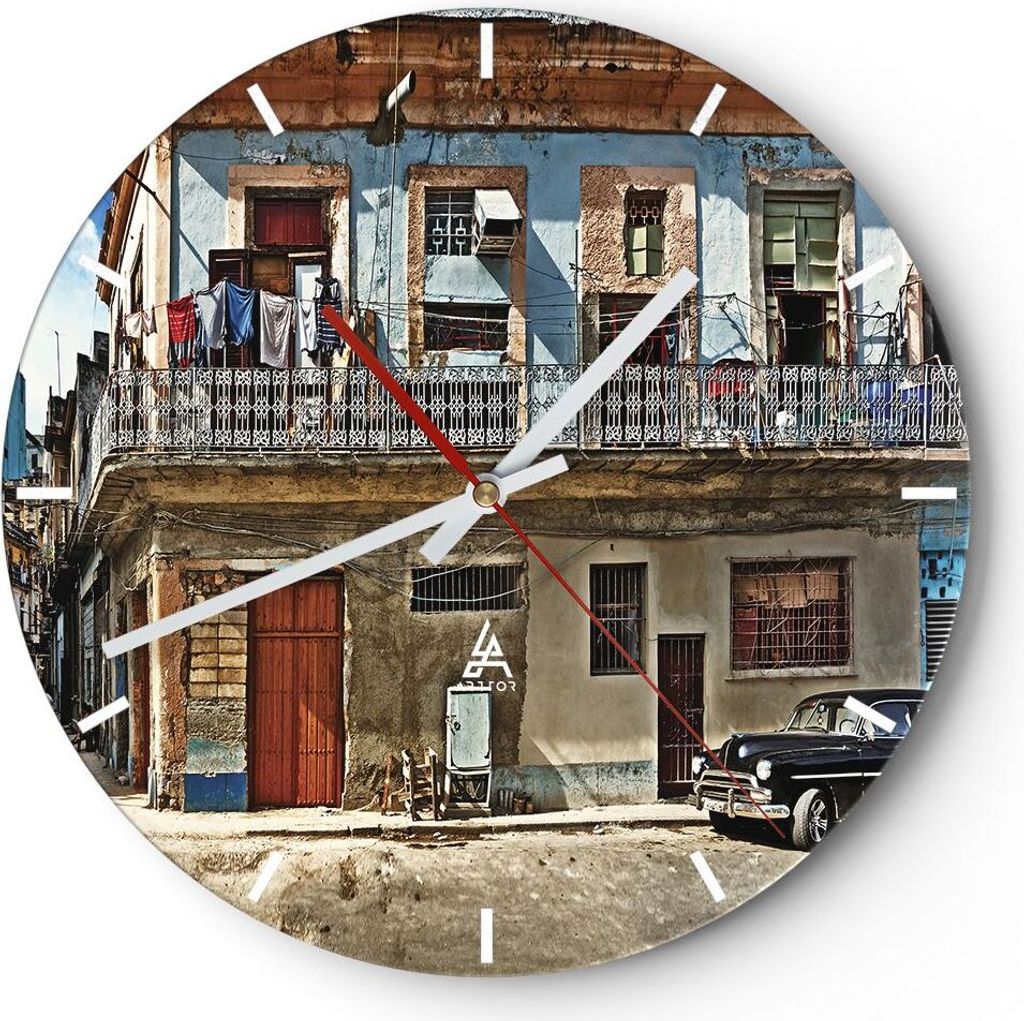 Wanduhr - Rund - Glasuhr - Kuba Havanna Balkon - 30x30cm - Schleichendes Uhrwerk - Lautlos - zum Aufhängen bereit - Dekoration Modern - Wanddekora...