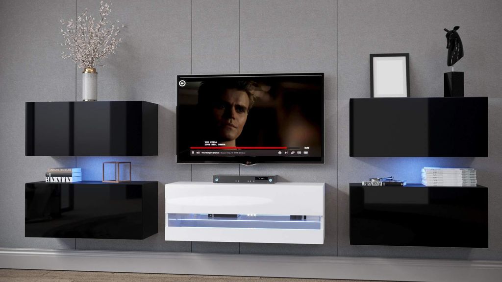 Furnitech Wohnwand Wohnzimmer - Wohnzimmer Möbel mit LED Blau - Hängend Wohnwand Modern Schrankwand mit Regale und TV Schrank (Dolly EX3-20BW-HG6)