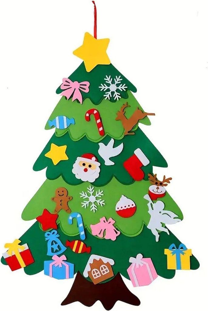A felt Christmas tree with various felt ornaments attached.