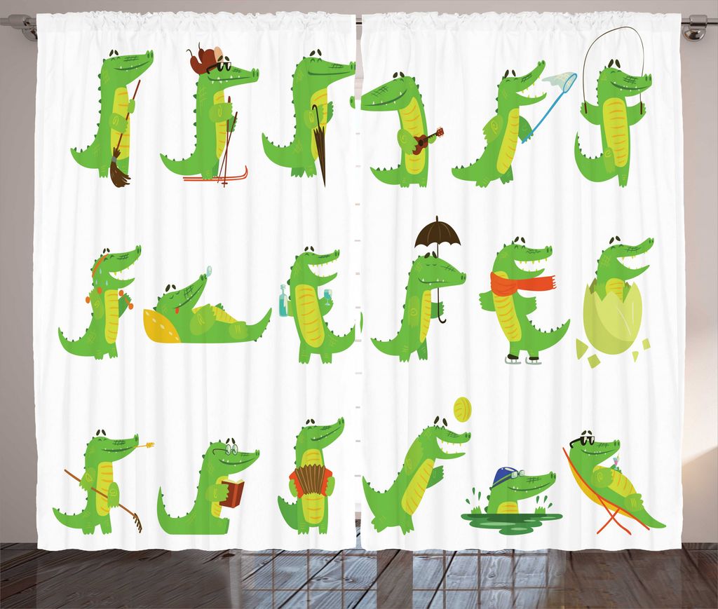 ABAKUHAUS Krokodil Rustikaler Gardine, Gruppe von Funny Animals, Schlafzimmer Kräuselband Vorhang mit Schlaufen und Haken, 280 x 225 cm, Lime Gree...