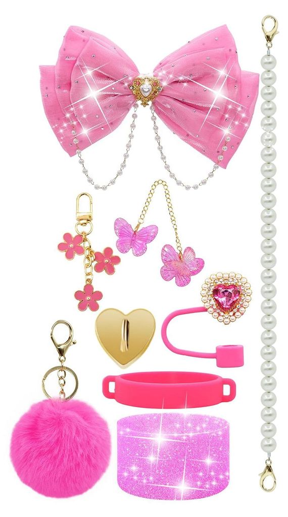 1 Set Becherhülle mit funkelnden Strasssteinen, Schleife, Plüschkugel-Dekor, Kunstperlen, Lanyard und Silikon-Bodenschutz