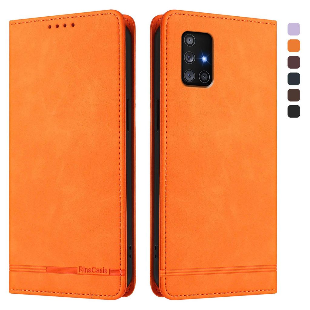 Hülle für Samsung Galaxy A71 4G, Retro Kunstleder Ständer Klapphülle mit Kartenfächer und Magnetische Orange