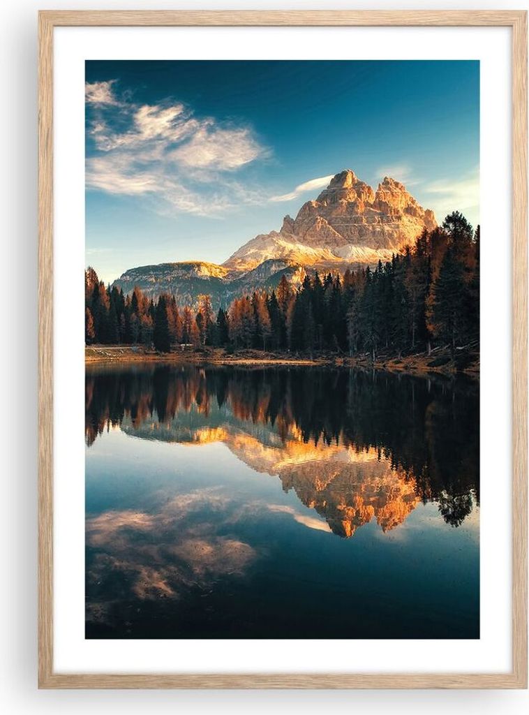Gerahmtes Poster - Rahmen in heller Eiche - Spiegelung See Landschaft - 50x70 cm - Wand Bild - Wanddeko - Wandbilder - Kunstposter - Wandposter - B...