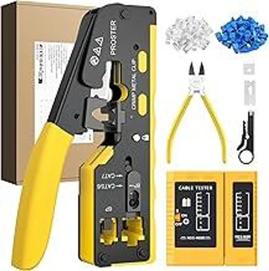 Set Pinza Crimpatrice Proster RJ45 con 50 Connettori e Tester Rete