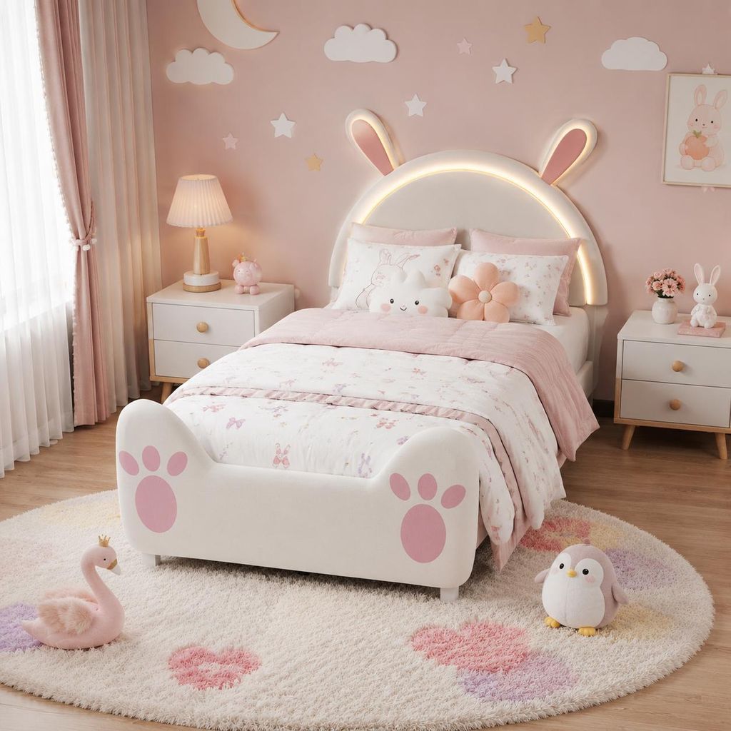 INONEFT Cartoon-Kinderbett 90 x 200 cm, Polsterbett mit Produktbild  KI-generiertes Bild