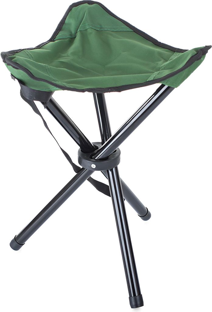 A green folding stool with black legs.