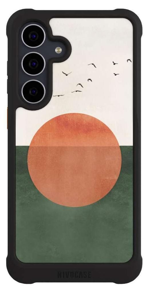 NIVOCASE Hülle für Samsung Galaxy S25 FE Stoßfeste Handyhülle NIVOmax Case Schwarz Sonnenschein Sonnenuntergang Vogel