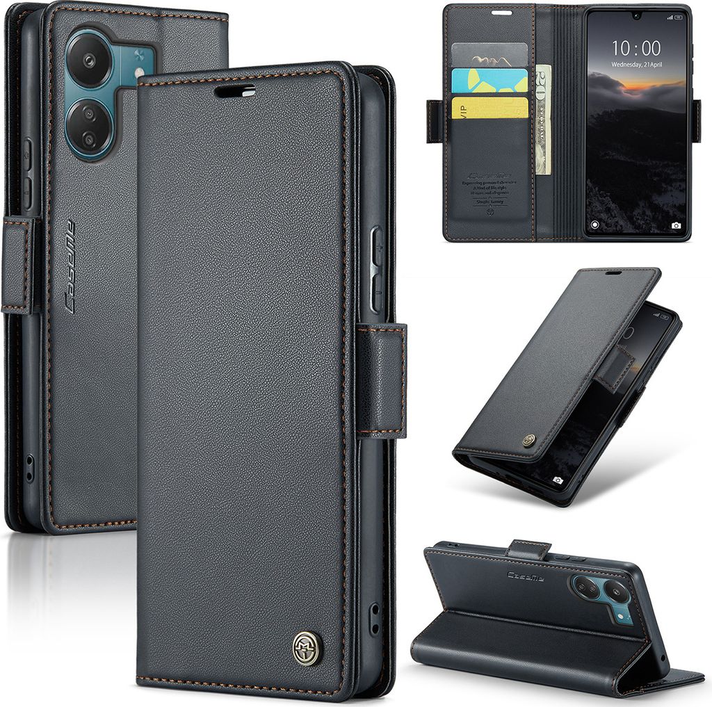 Xiaomi Redmi 13C /Poco C65 Hülle, Leder Brieftasche Kartenfach Schutzhülle mit Standfunktion für Xiaomi Redmi 13C /Poco C65 Schwarz