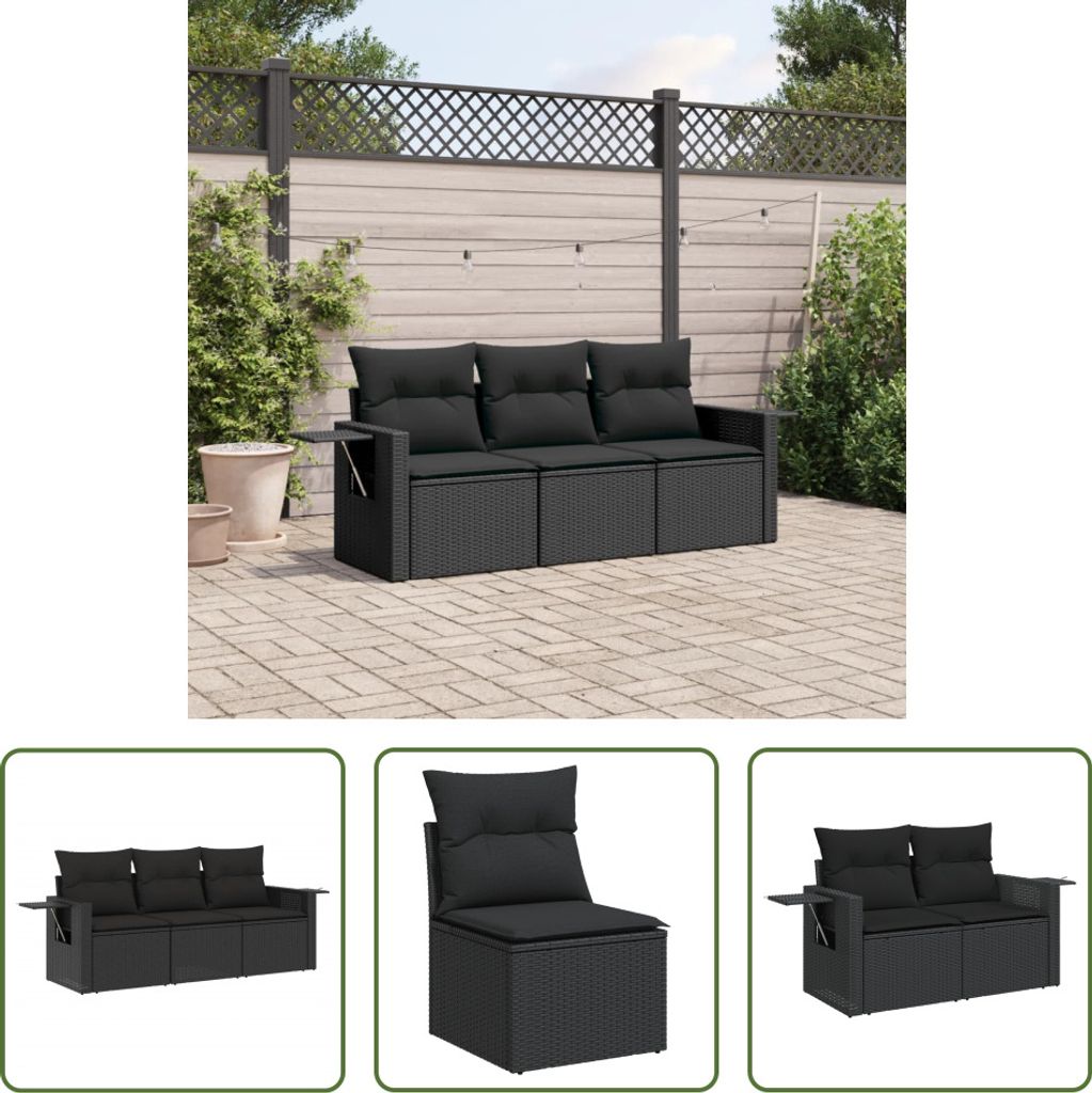 The Living Store 3-tlg. Garten-Sofagarnitur mit Kissen Schwarz Poly Rattan
