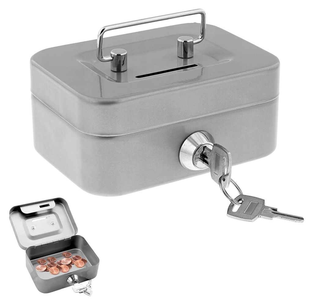 Kleine Geldkassette mit Schlüssel - Abschließbare Spardose mit Schlitz, als kleine Registrierkasse nutzbar