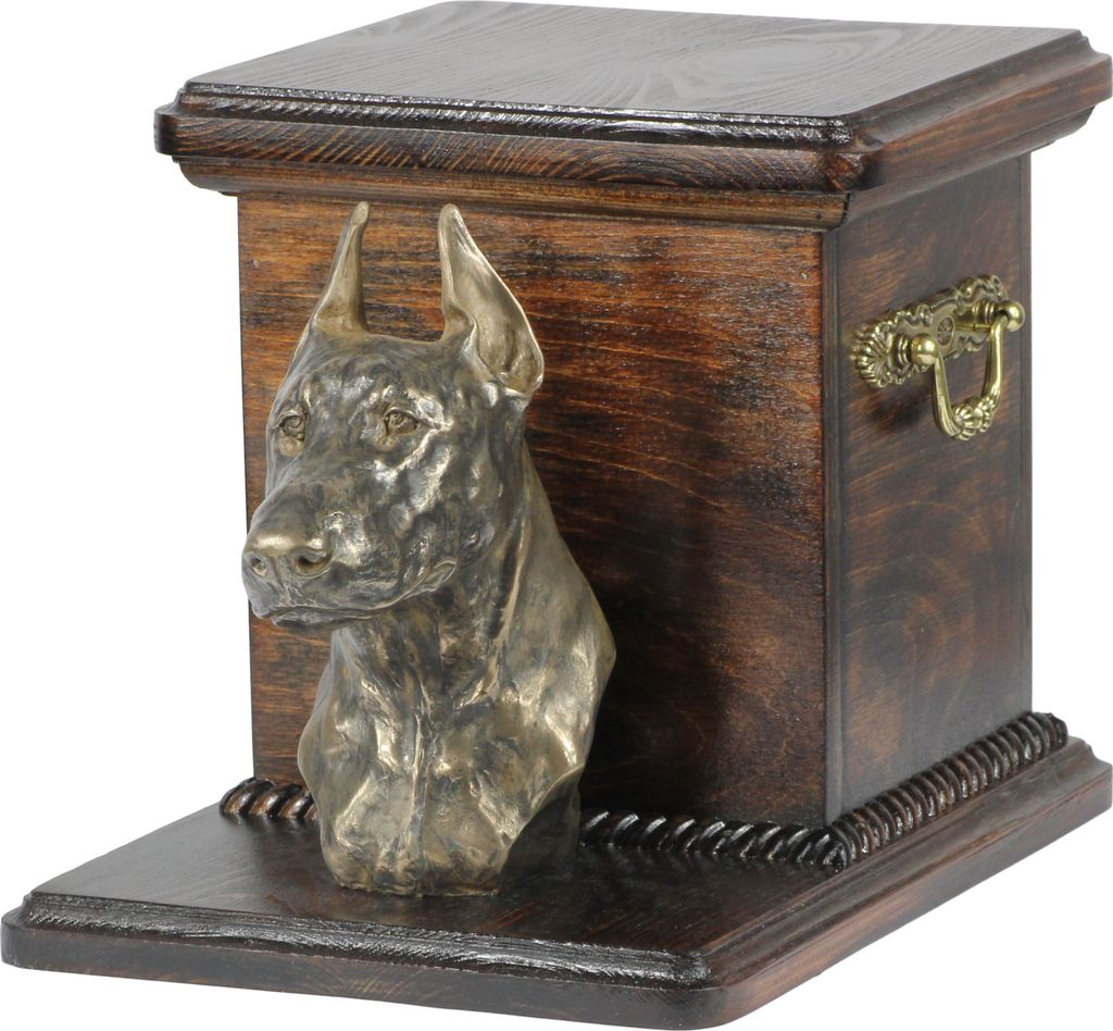 Dobermann I - Eine Urne für die Asche eines Hundes mit einer Statuette, eine elegante Urne für einen Hund, eine außergewöhnliche Urne mit dem P...