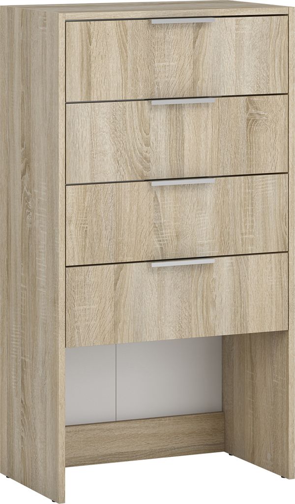 A chest of drawers with a wood-grain finish against a white background.