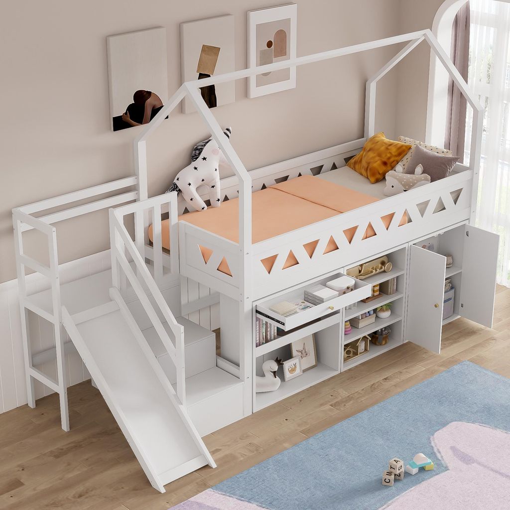 Kinderbett, Einzelbett, multifunktionales Kinderbett ,mit Rutsche und Treppen, mit Schubladen und Schließfach,mit magnetischer Tür,ohne Matratze,...