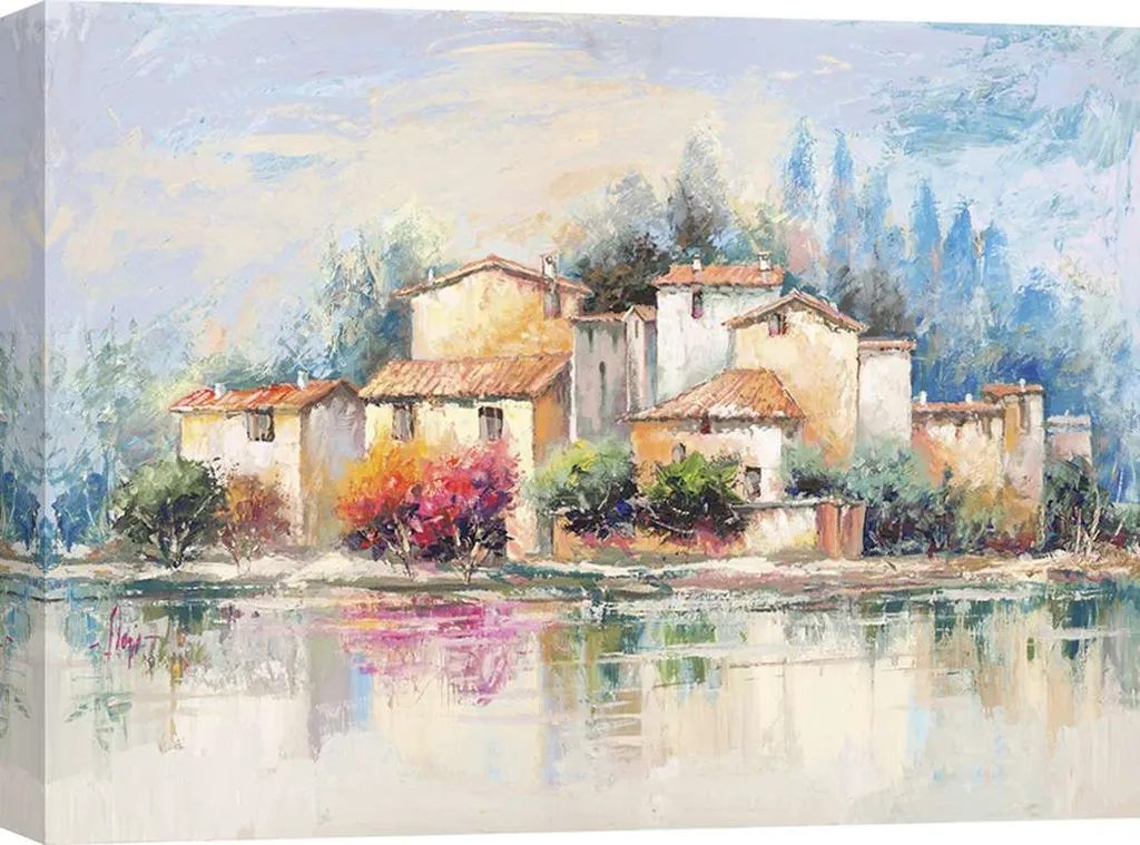 Tableau village au bord du lac Luigi Florio - Toile tendue 80x60 cm HD