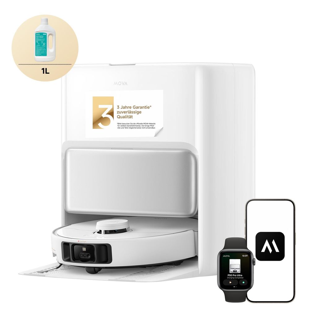 MOVA P50 Pro Ultra Saugroboter 19.000 Pa, Mopp 75 °C, LDS, AI+LED Hindernisvermeidung + Reinigungsflüssigkeit