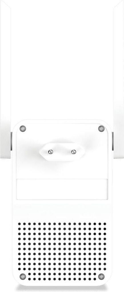 A white WiFi repeater is shown from the back, plugged into a wall socket.