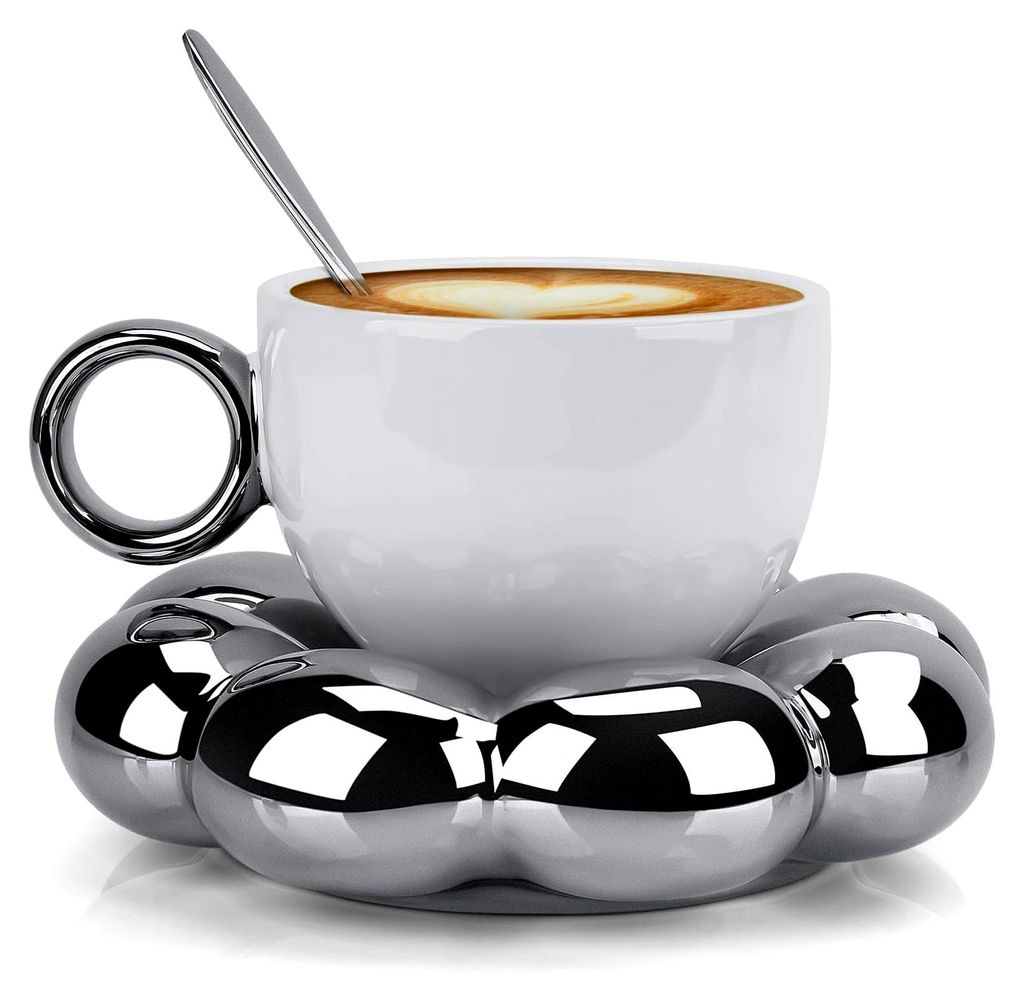 Kaffeetassen-Set mit Blumenmotiv und silberfarbenem Griff, Metalllöffel, 200 ml, kreatives Porzellan für Büro und Zuhause