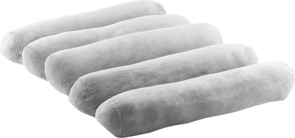 A group of five grey bolster pillows arranged diagonally on a white background.