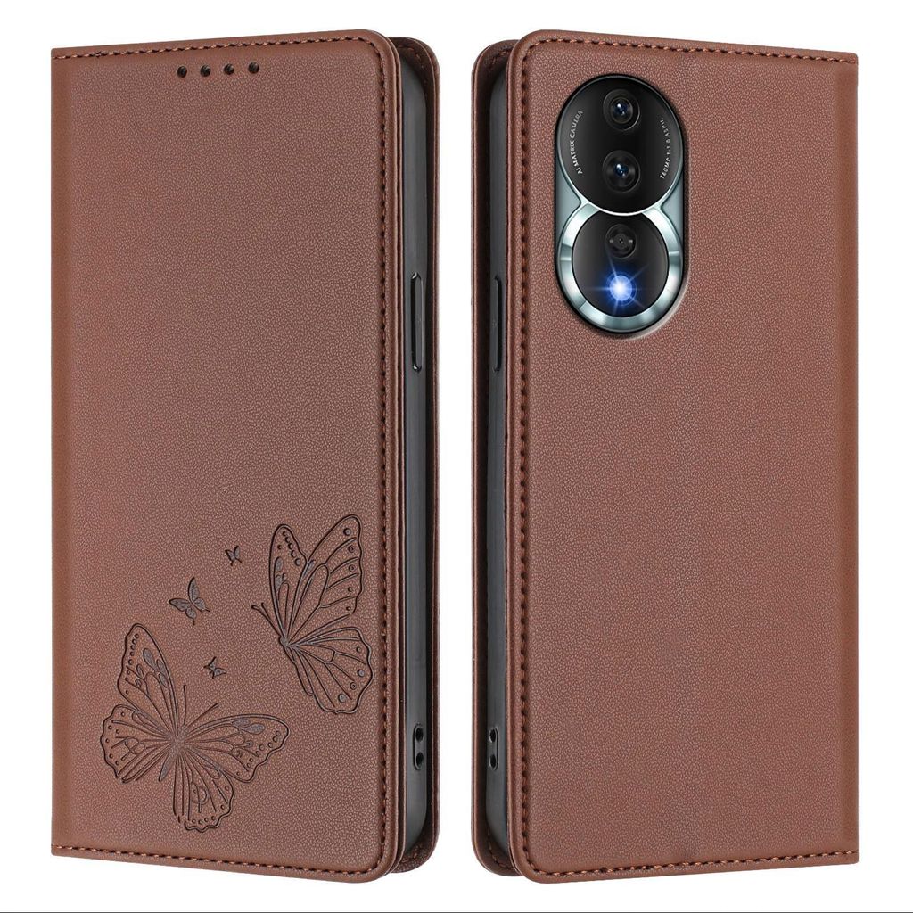 Lederhülle für Honor 80, Schmetterling Prägung Leder Brieftasche Schutzhülle mit Ständer Braun